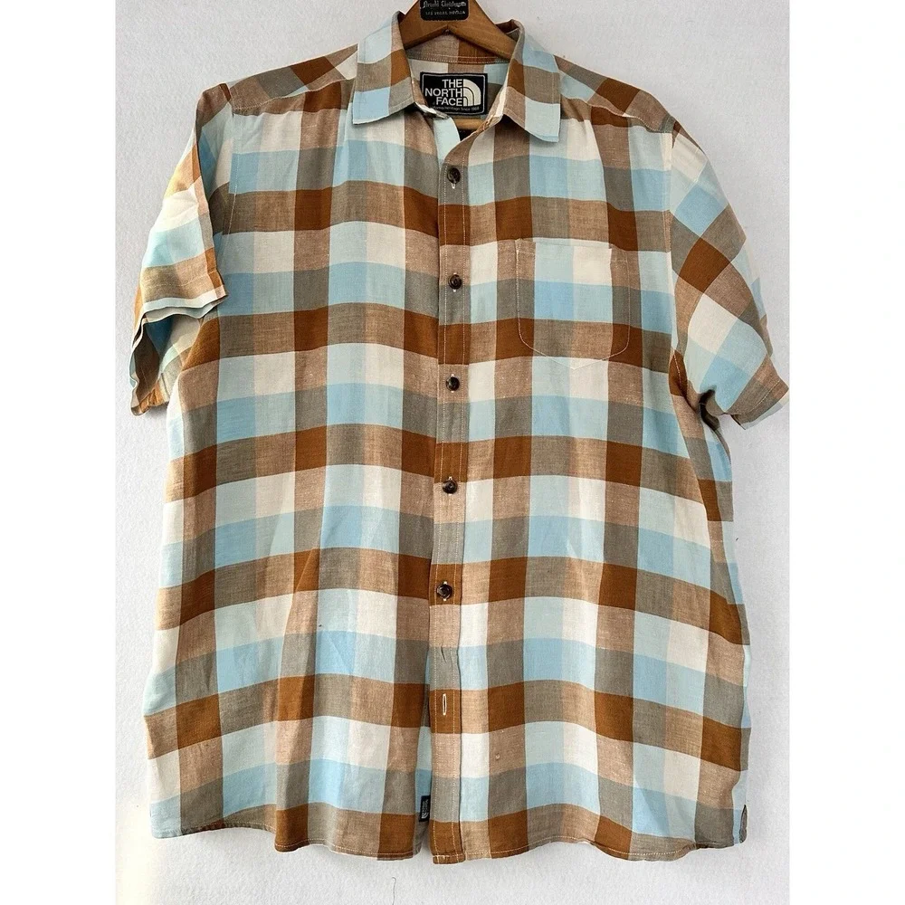 North Face Short Sleeve Shirt Retro Men's XL Blue Brown Plaid